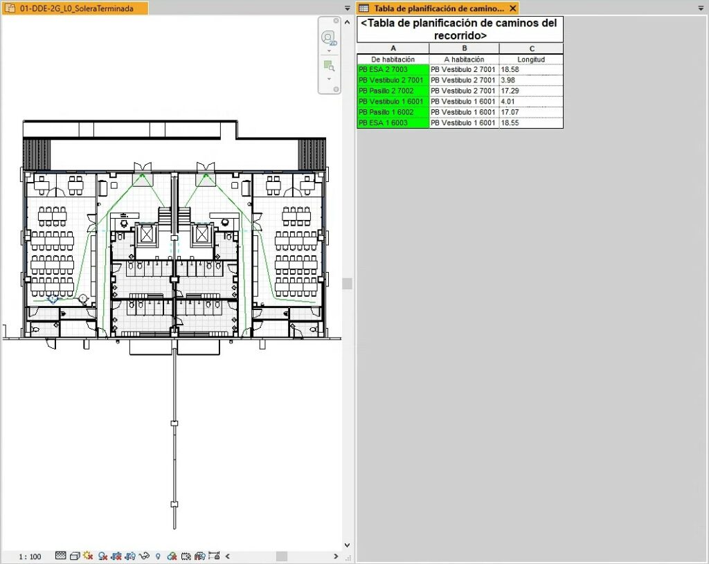Floor plan of a building showing evacuation routes created with Revit’s native tool and a schedule with cells shaded according to their condition.