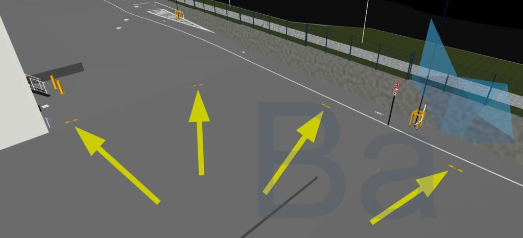 Model of an interior urbanization in Navisworks showing gas signs placed on the pavement