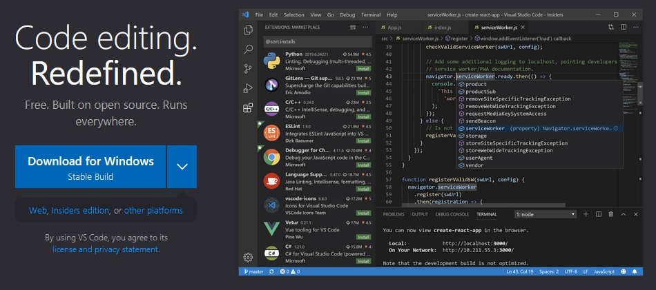 Visual Studio Code download portal: https://code.visualstudio.com/