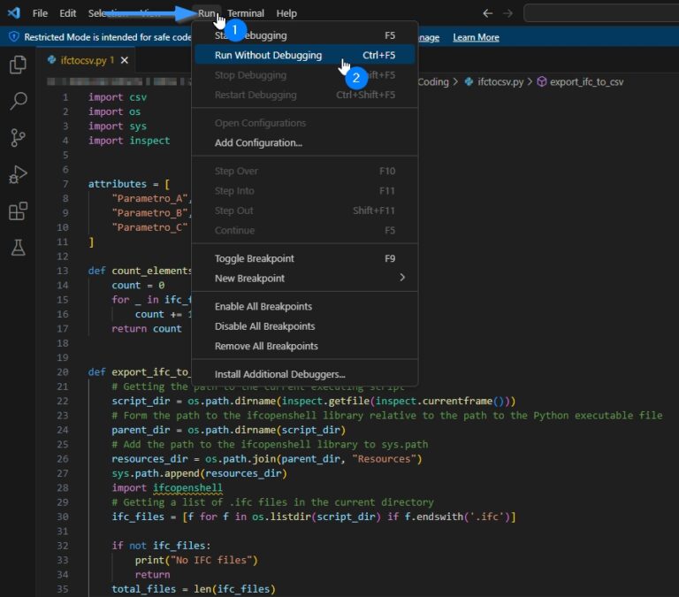 Running the script in Visual Studio Code to export IFC to Excel.