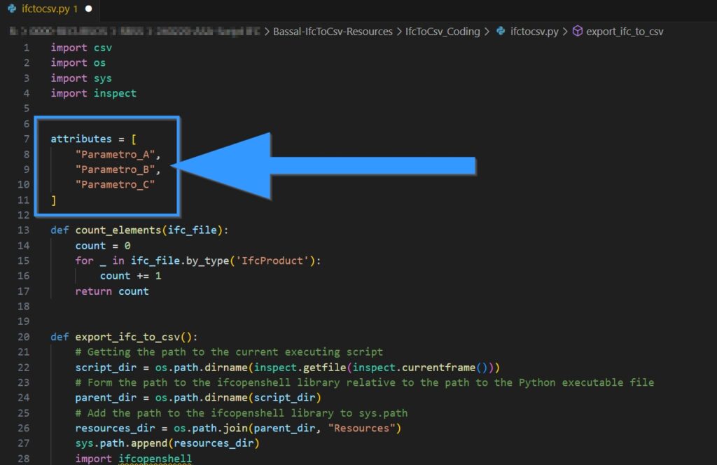 Part of the code with the parameters to include as headers in the CSV