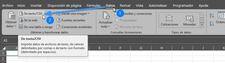 Accessing the CSV data import tool in Excel